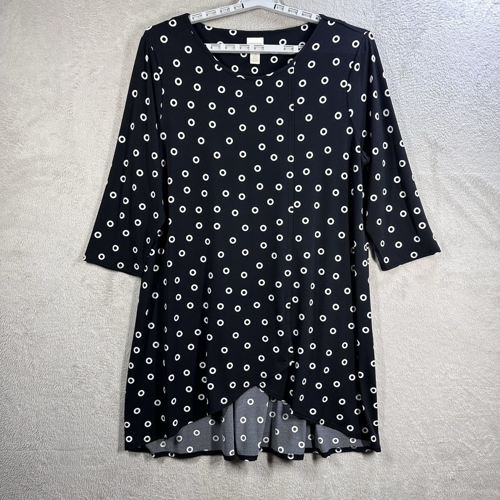Chico's Asymmetrical Hem Tunic Women's XL (3) Black Solar‎ Polka Dot